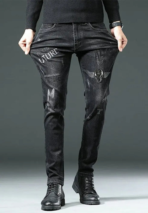 Slim Fit Korean Streetwear Graphical Printed Luxury Hip-Hop Stretch Denim Jeans for Men - Perfect Medium Wash Jeans Outfit